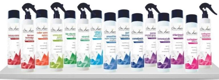 Collection of hair styling and treatment products at Studio 50 Salon.
